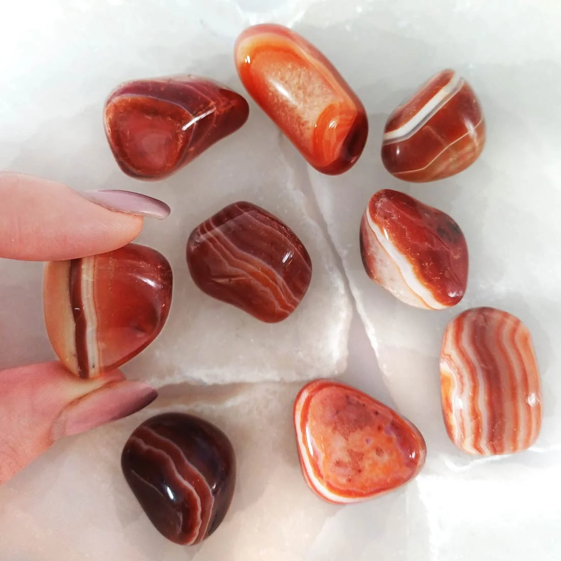 Polished Red Banded Agate tumbled stone with layered red and white patterns, natural crystal associated with grounding and strength.
