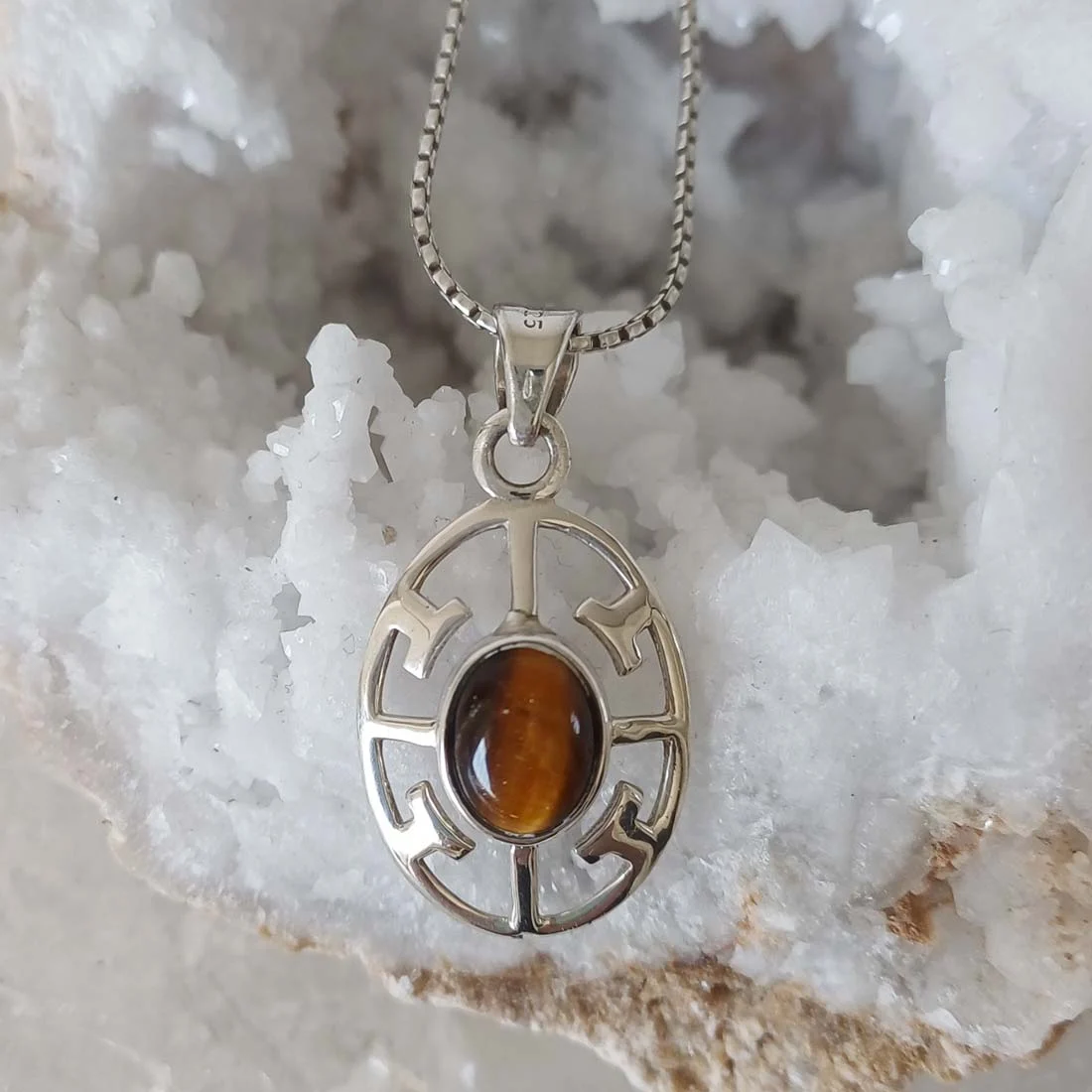 Tiger Eye pendant with a golden-brown polished Tiger Eye stone set in 925 Sterling Silver