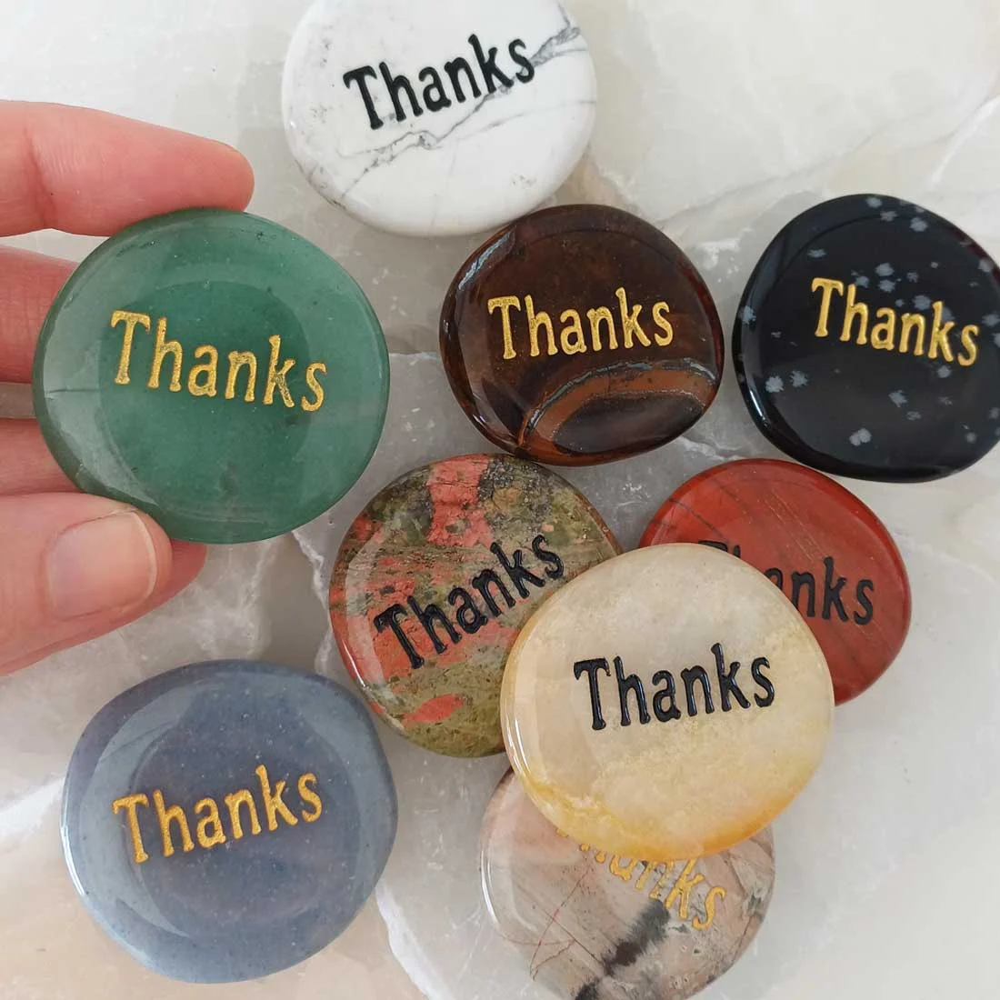 Assorted semiprecious Wish Stones engraved with the word THANKS