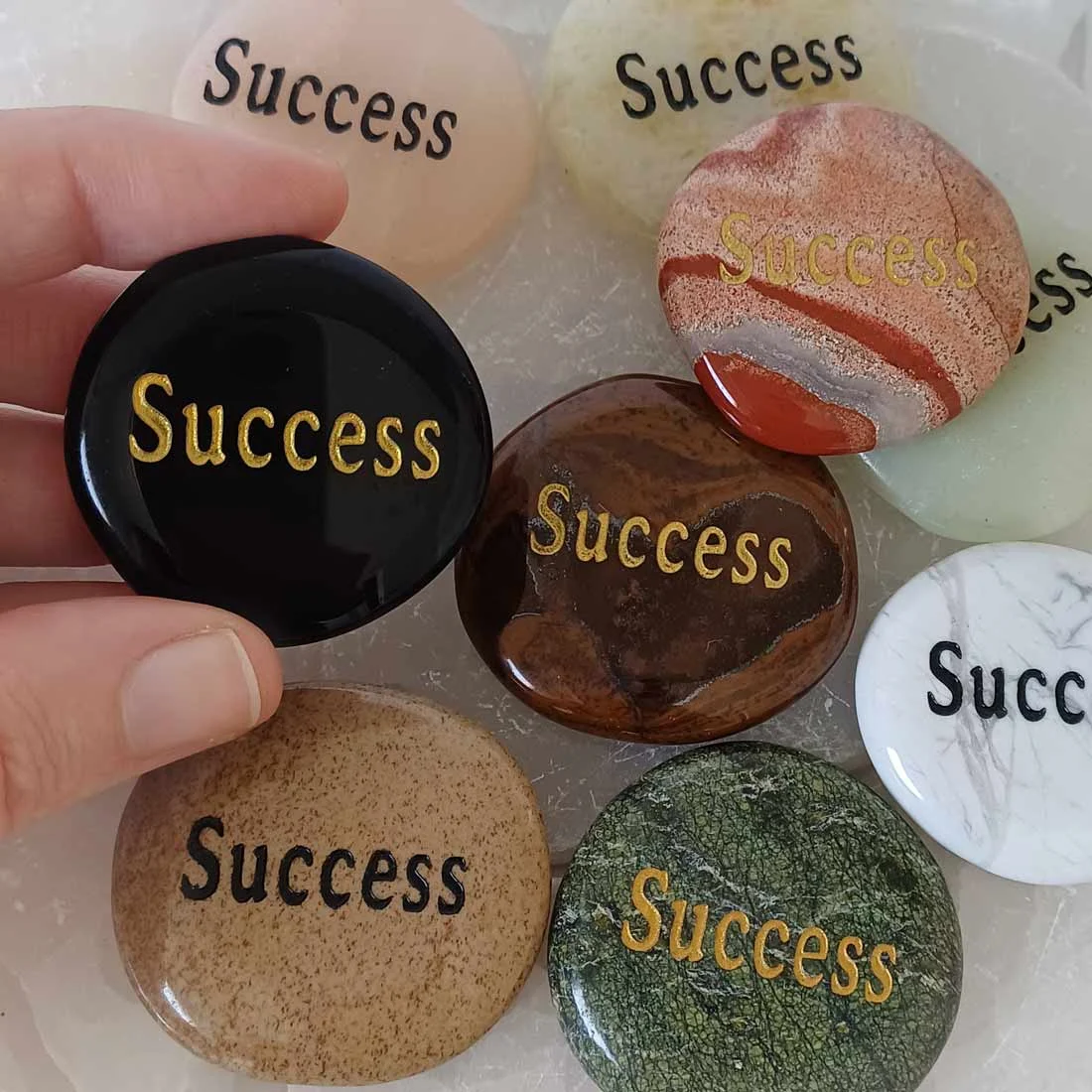 Assorted Wish Stones with SUCCESS engraved on semiprecious minerals