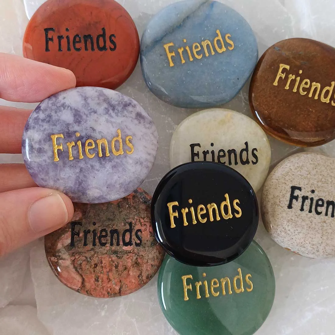 Assorted semiprecious Wish Stones engraved with the word friends