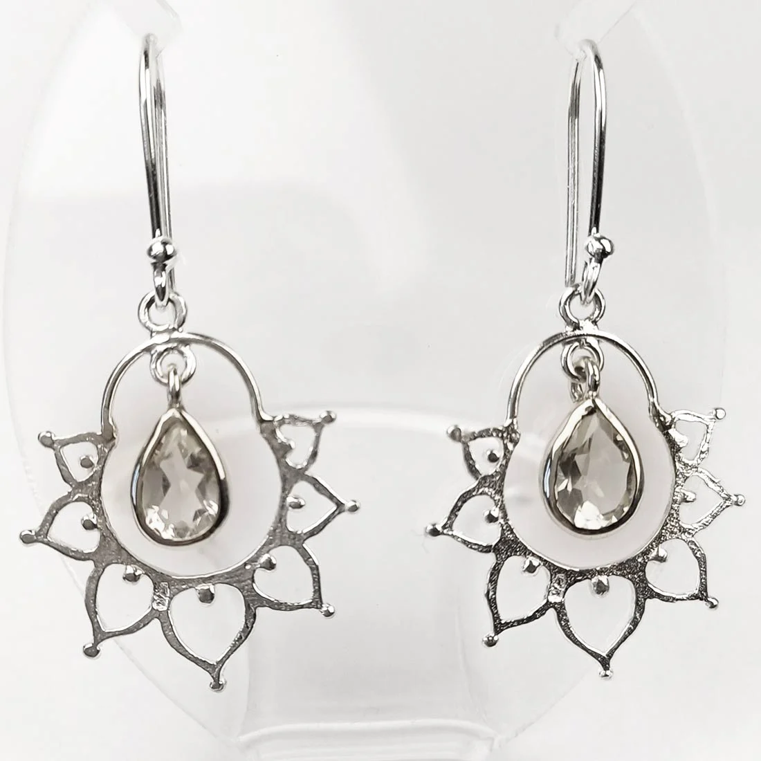 Clear quartz lotus earrings in silver