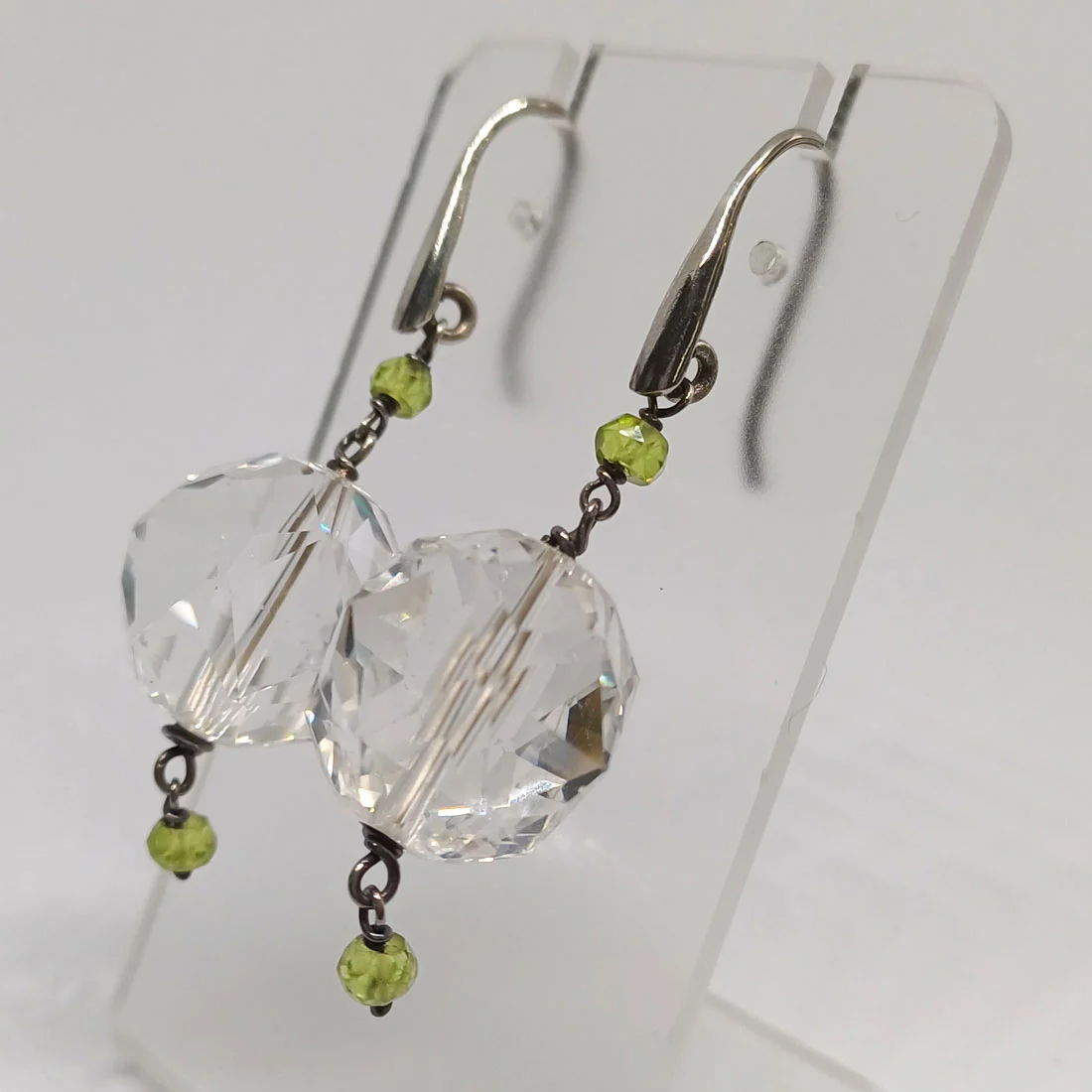 Clear Quartz Faceted Spheres with Peridot Beads Earrings – 925 Sterling Silver