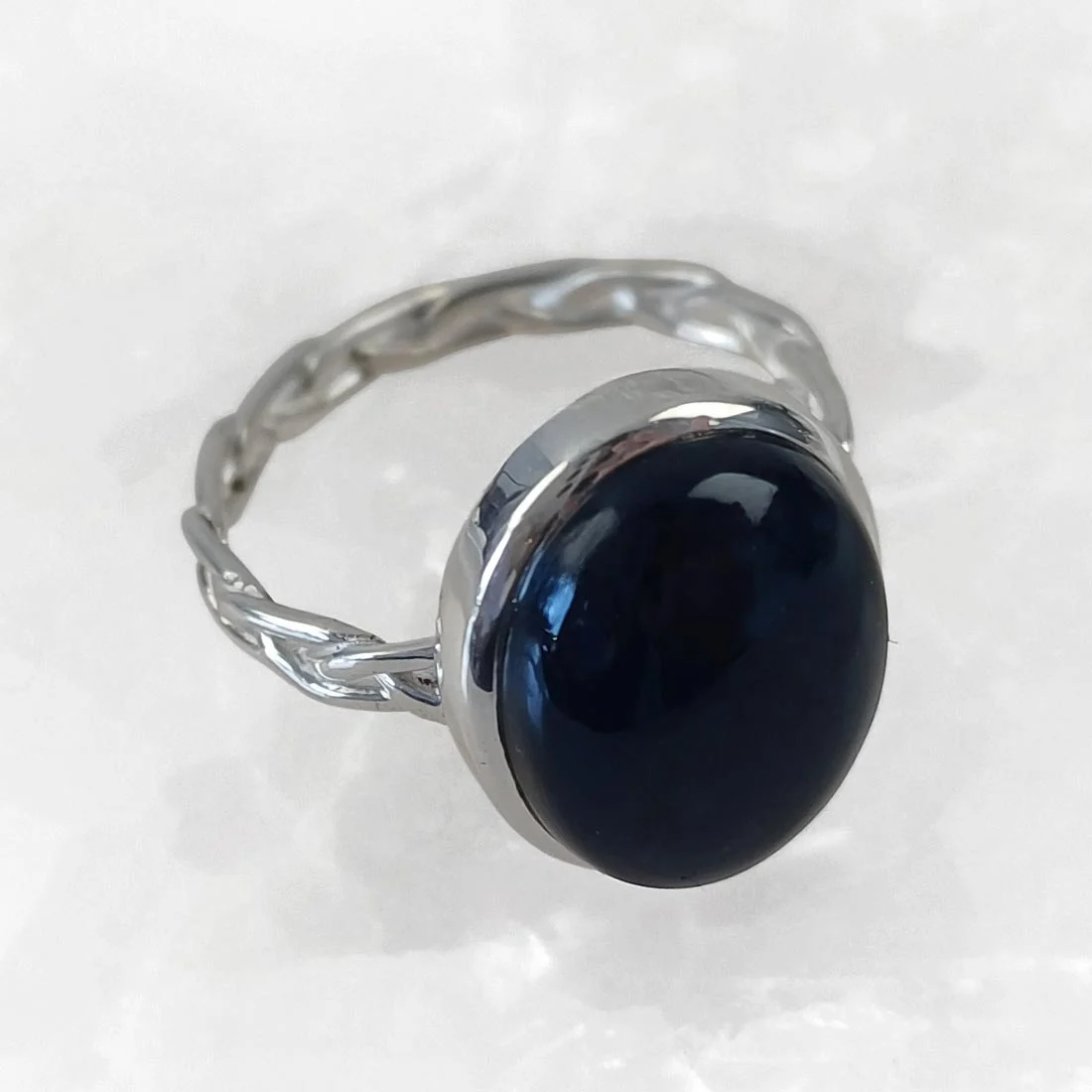 Black Tourmaline Oval Ring - Braided Band – 925 Sterling Silver