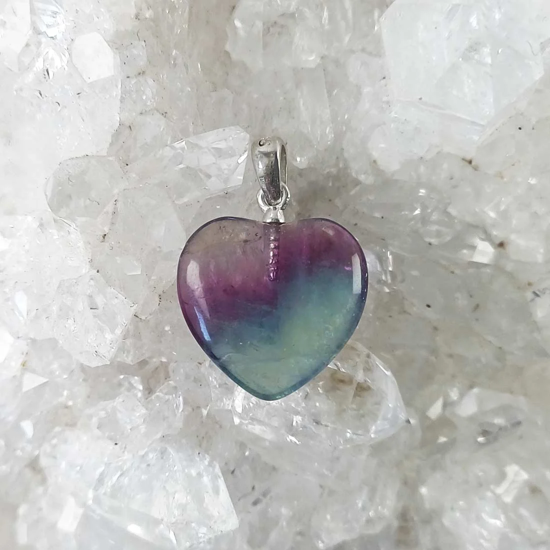 Fluorite heart crystal pendant with 925 sterling silver hook