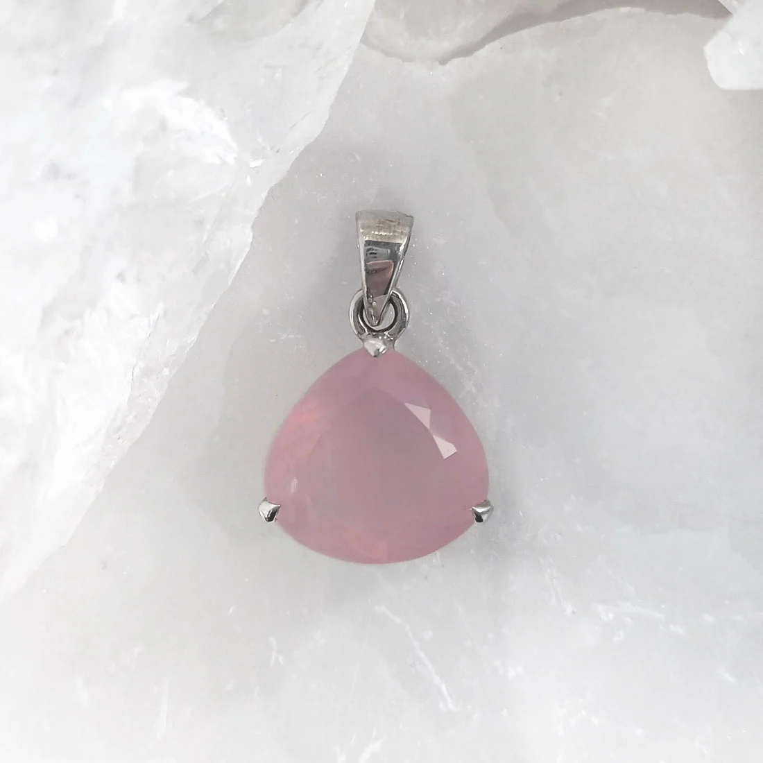 Rose Quartz drop pendant set in 925 sterling silver, natural pale pink crystal