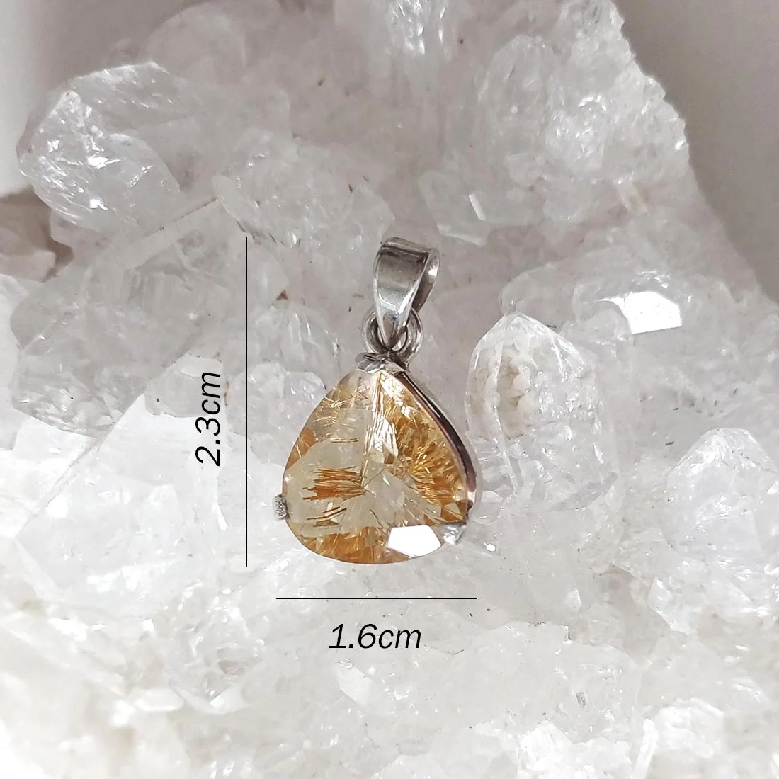 Rutilated Quartz drop pendant set in 925 sterling silver, natural clear crystal with golden rutile inclusions