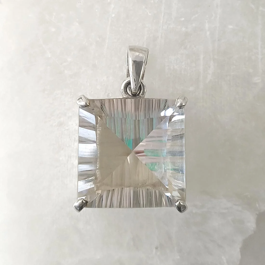 Square Clear Quartz crystal pendant set in sterling silver