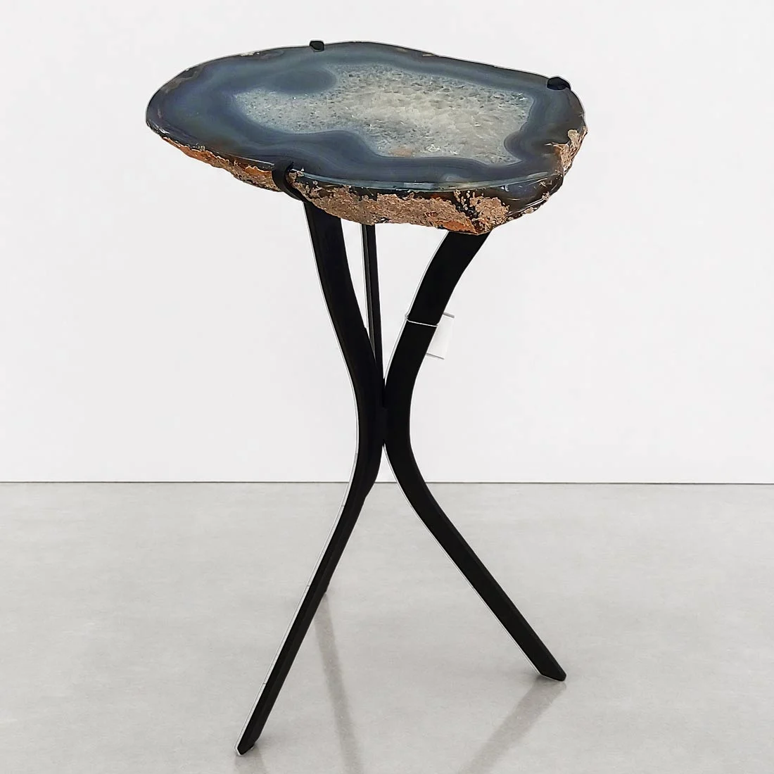 Natural Agate crystal table with polished stone surface and metallic base