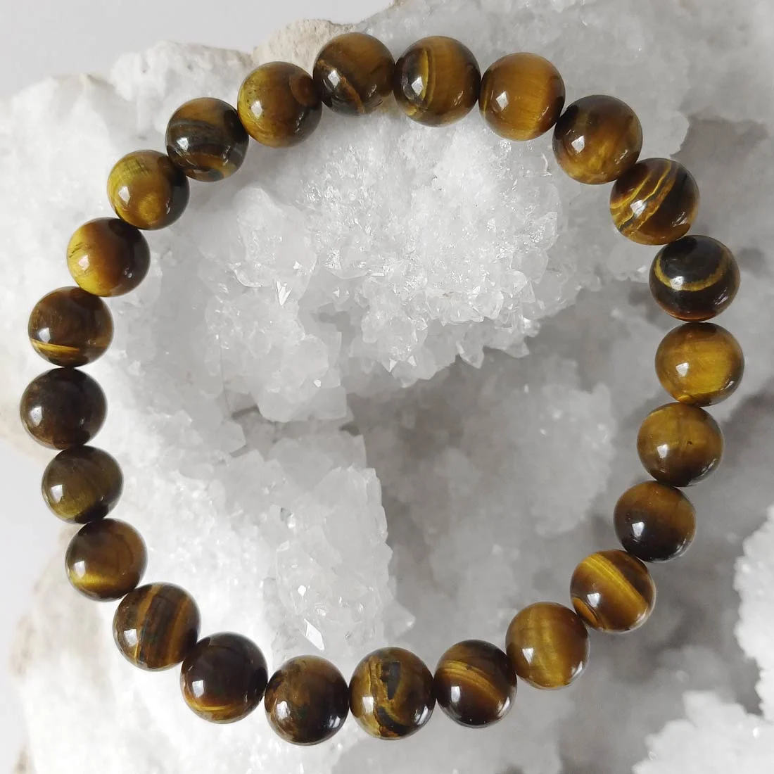 Tiger’s Eye bracelet with polished round brown and gold crystal beads on elastic cord