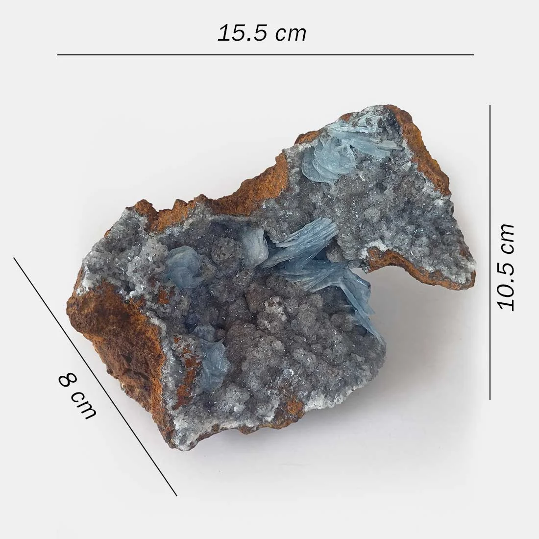 Blue Baryte crystals on quartz matrix with visible bladed crystal formations.
