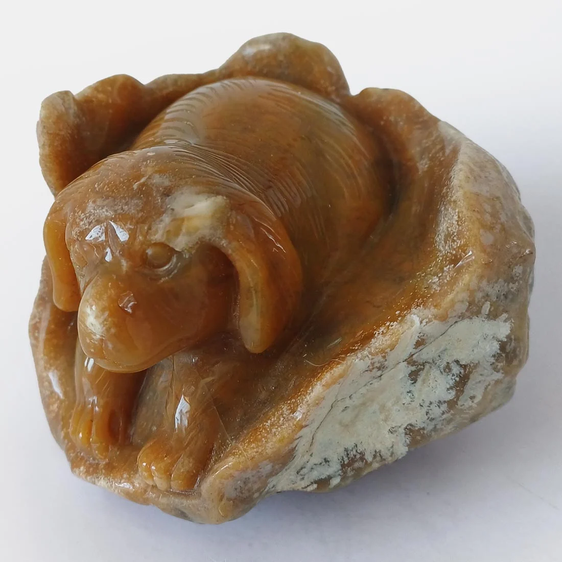 Chalcedony agate dog carving in warm brown and orange tones resting within a natural stone formation.
