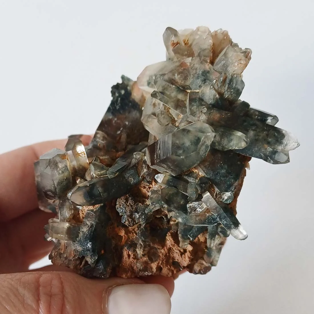 Natural Smoky Quartz cluster with black Schorl Tourmaline crystals featuring smoky translucent quartz points and dark mineral formations.