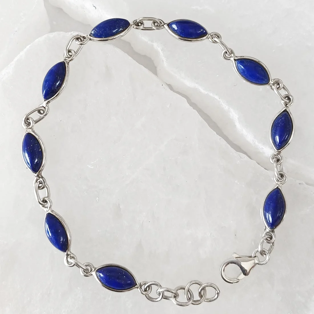 Natural Lapis Lazuli 925 sterling silver bracelet with adjustable clasp.