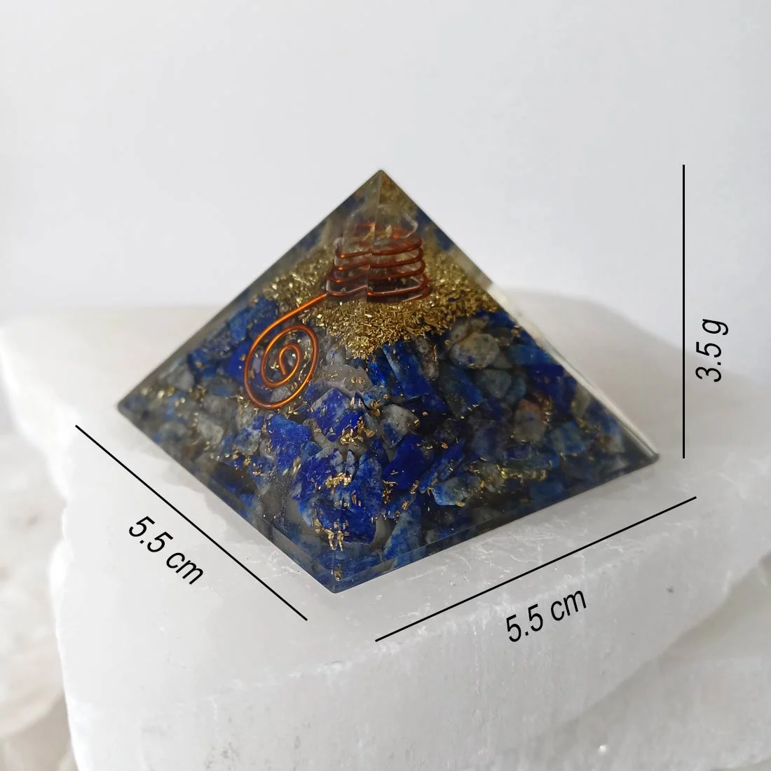 Handcrafted orgonite pyramid with Tree of Life made from natural Lapis Lazuli crystal chips