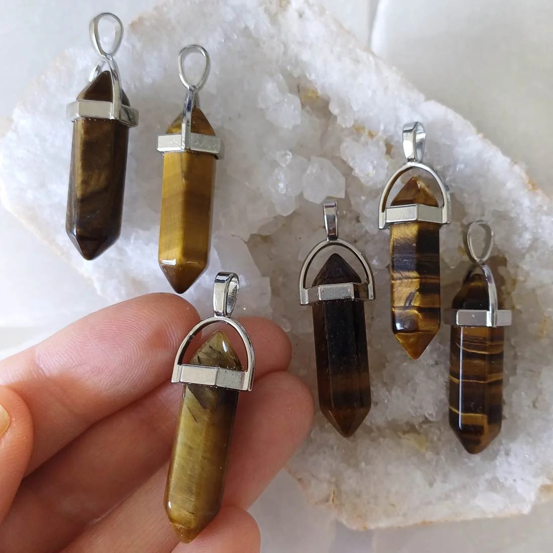 Tiger Eye Double Point Pendants with Silver-Plated Settings