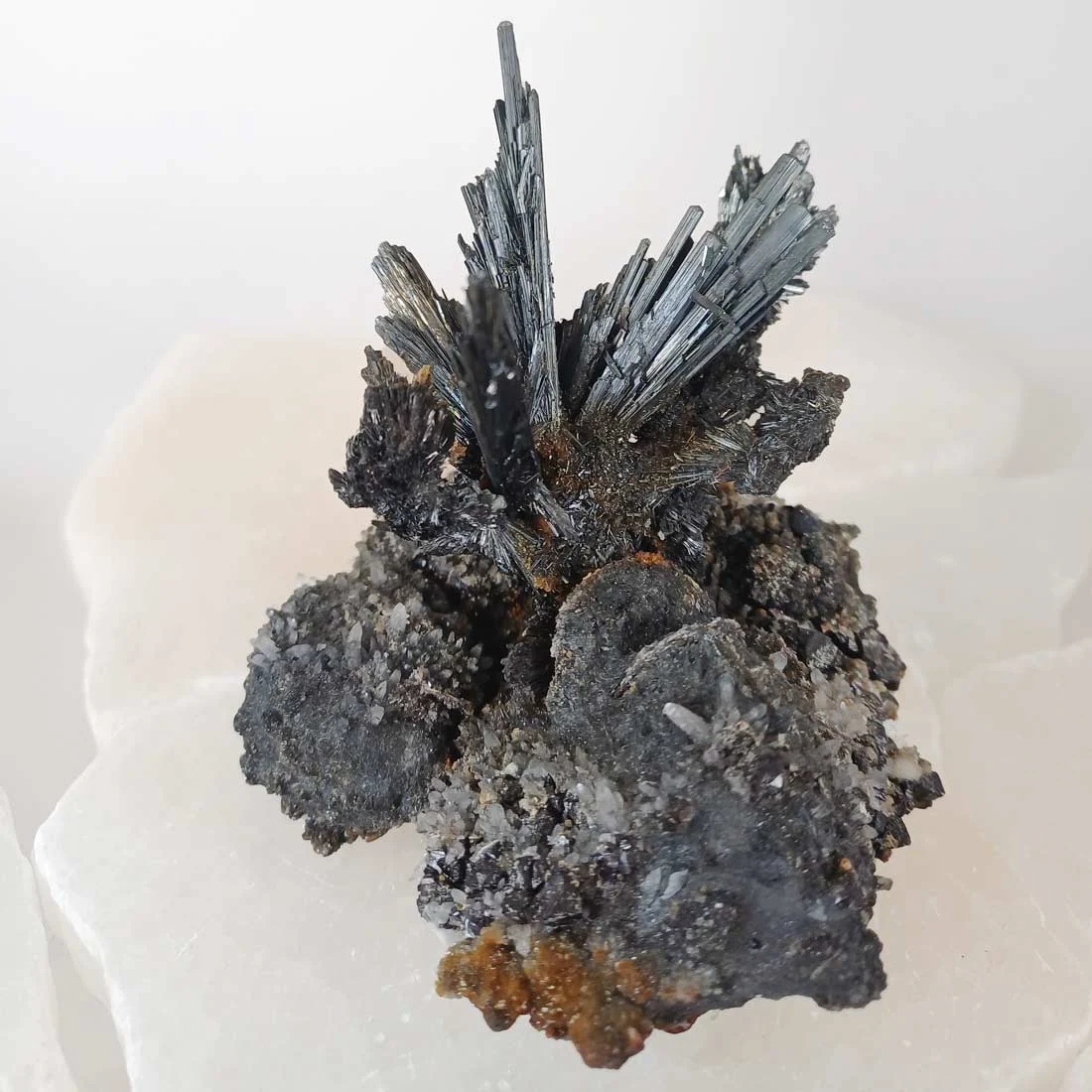 Antimonite on matrix specimen from Romania with metallic grey crystals