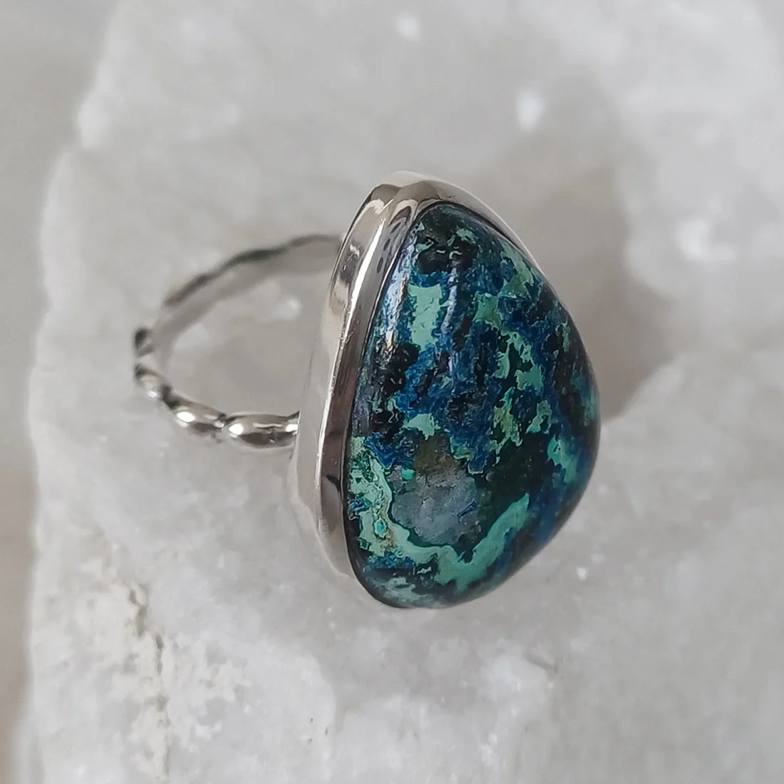 Chrysocolla statement drop shape ring with natural blue-green stone in 925 sterling silver
