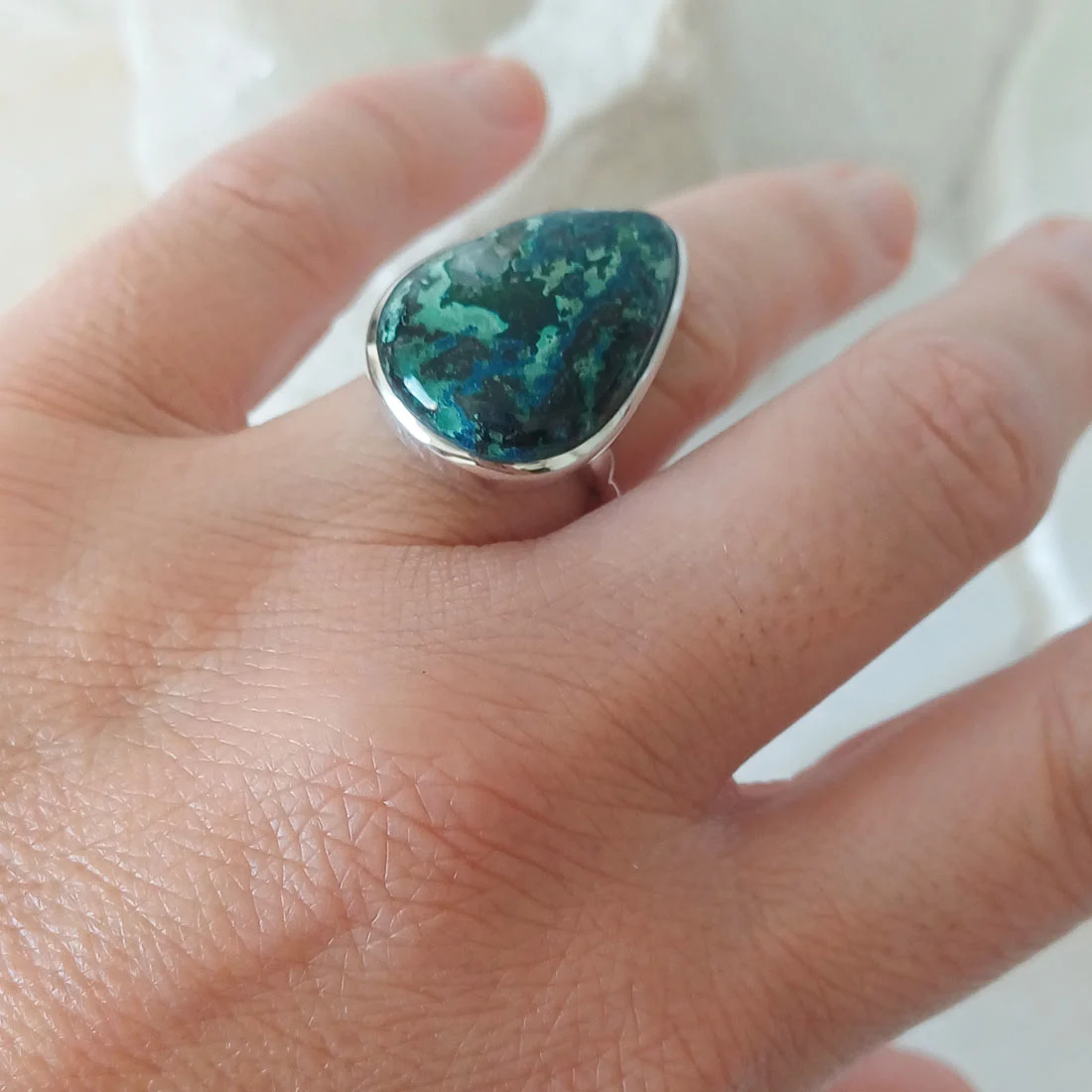 Chrysocolla statement drop shape ring with natural blue-green stone in 925 sterling silver